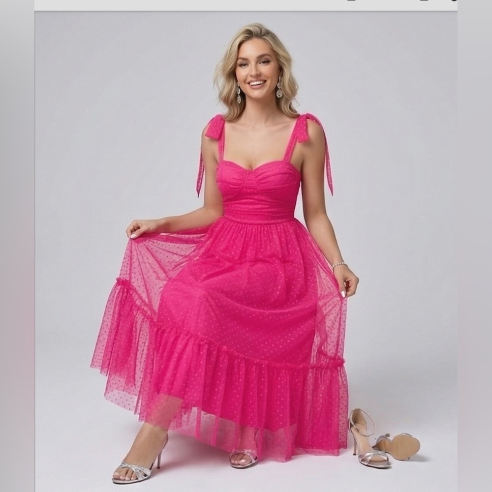 Hot Pink Swiss Dot Tulle Midi Dress with Tie-Shoulder Straps - Picture 9 of 10
